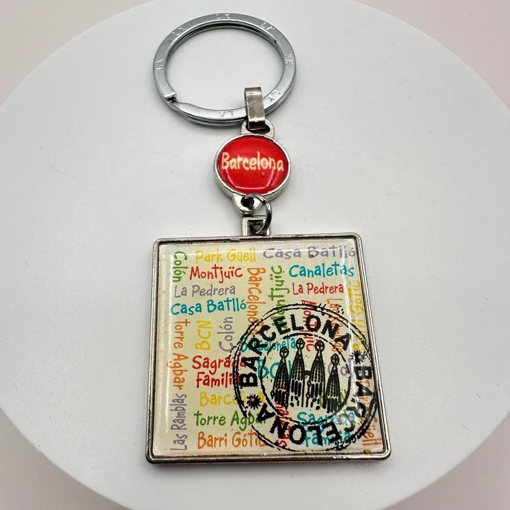 Vintage 70s LK Barcelona Spain Souvenir Silver Tone Square Charm‎ Keychain Retro